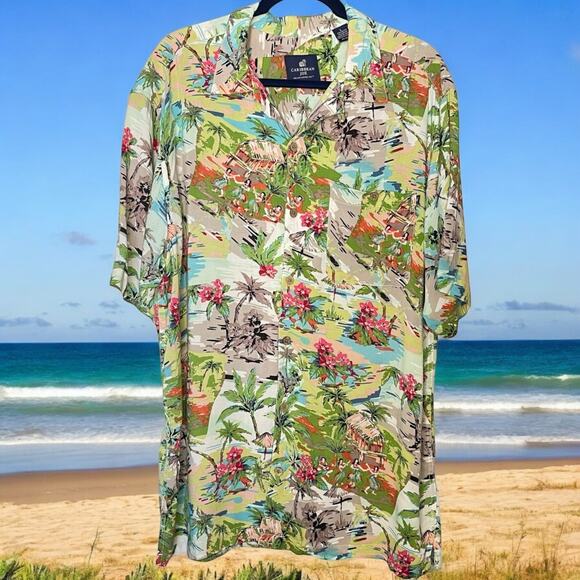 Caribbean Joe Hawaiian Shirt Large Rayon Palm Trees Huts Luau Tropical - Picture 1 of 8